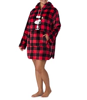 Peanuts Plus Size Checkered Print Snoopy Long Sleeve Hooded Cozy Knit Holiday Tunic