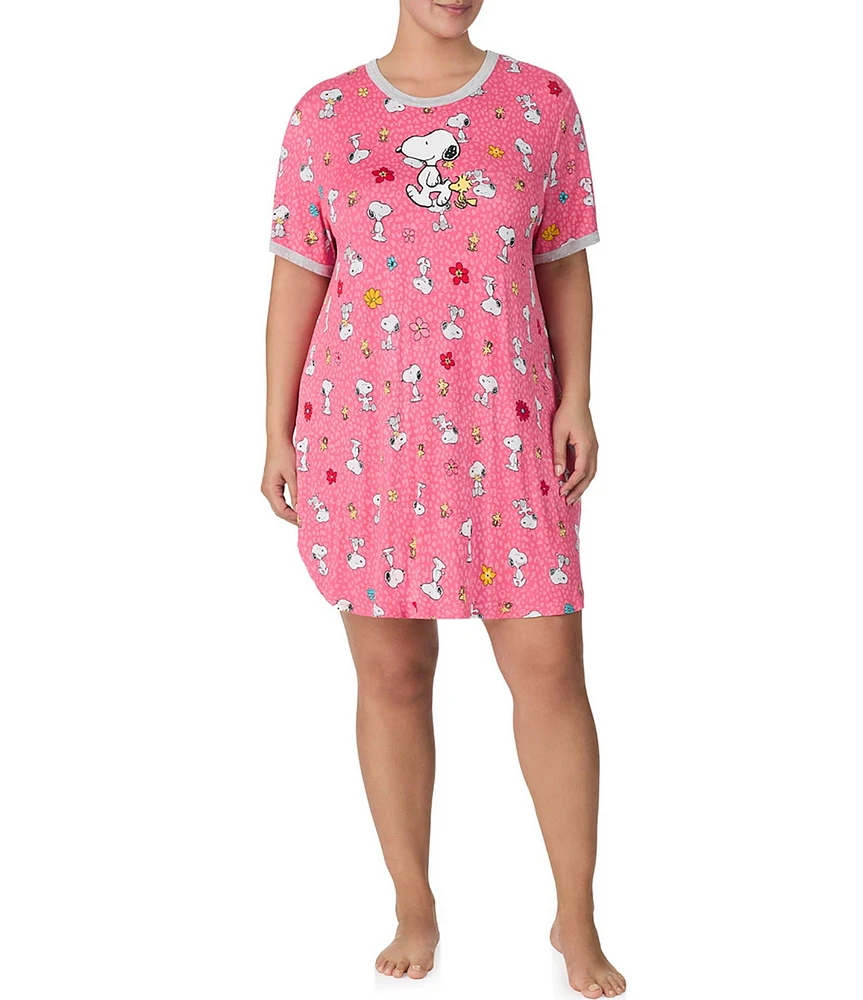 Peanuts Plus Size Short Sleeve Round Neck Snoopy Floral Print Side Pocket Knit Sleepshirt