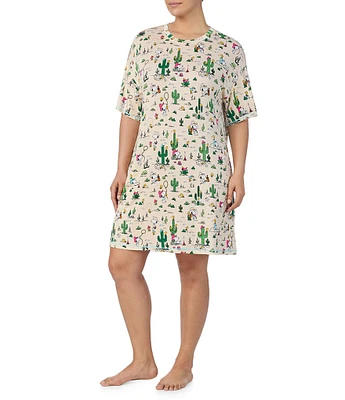 Peanuts Plus Size Short Sleeve Round Neck Western Snoopy Print Knit Nightshirt