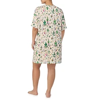 Peanuts Plus Size Short Sleeve Round Neck Western Snoopy Print Knit Nightshirt