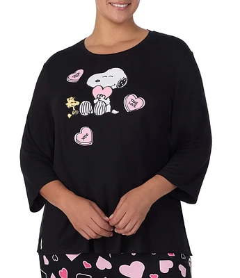 Peanuts Plus Size Snoopy Printed 3/4 Sleeve Round Neck Jersey Knit Coordinating Sleep Top