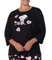 Peanuts Plus Size Snoopy Printed 3/4 Sleeve Round Neck Jersey Knit Coordinating Sleep Top