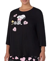 Peanuts Plus Size Snoopy Printed 3/4 Sleeve Round Neck Jersey Knit Coordinating Sleep Top