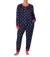 Peanuts Plus Size Snoopy Ski Print Long Sleeve Henley & Jogger Cozy Jersey Holiday Pajama Set