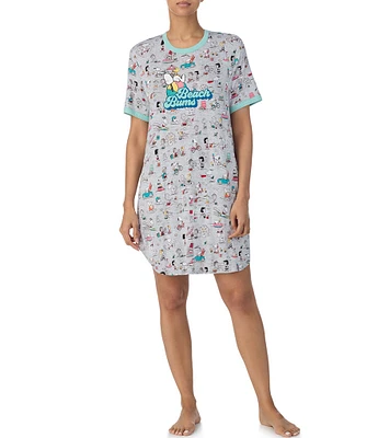 Peanuts Snoopy Printed Short Sleeve Round Neck Beach Print Side Pocket Knit Sleepshirt