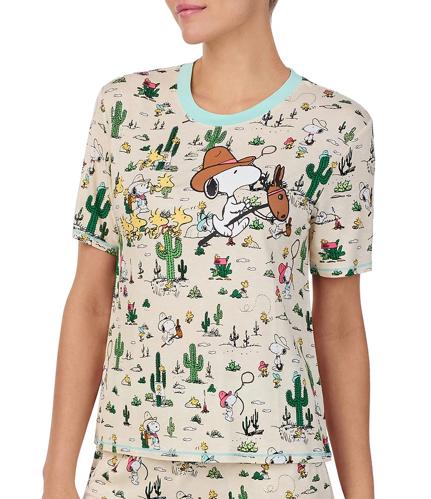 Peanuts Short Sleeve Round Neck Knit Western Snoopy Print Coordinating Sleep Top