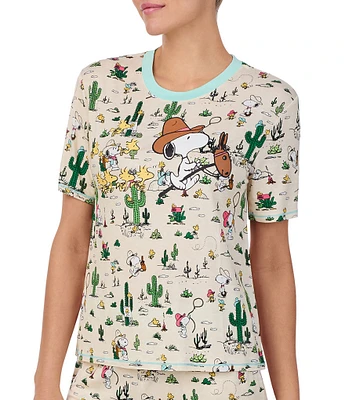 Peanuts Short Sleeve Round Neck Knit Western Snoopy Print Coordinating Sleep Top