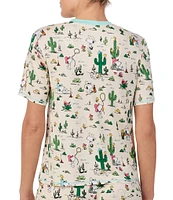 Peanuts Short Sleeve Round Neck Knit Western Snoopy Print Coordinating Sleep Top