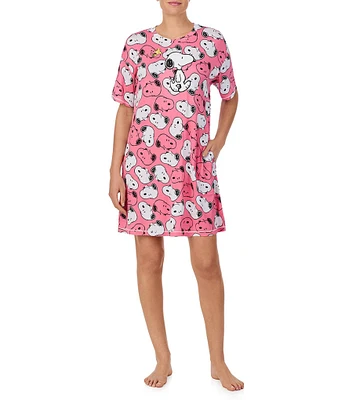Peanuts Short Sleeve Round Neck Pink Snoopy Print Knit Nightshirt