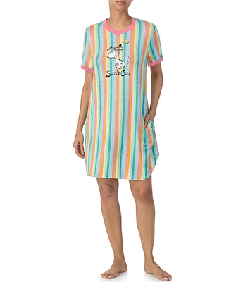 Peanuts Short Sleeve Round Neck Striped Knit Sleepshirt