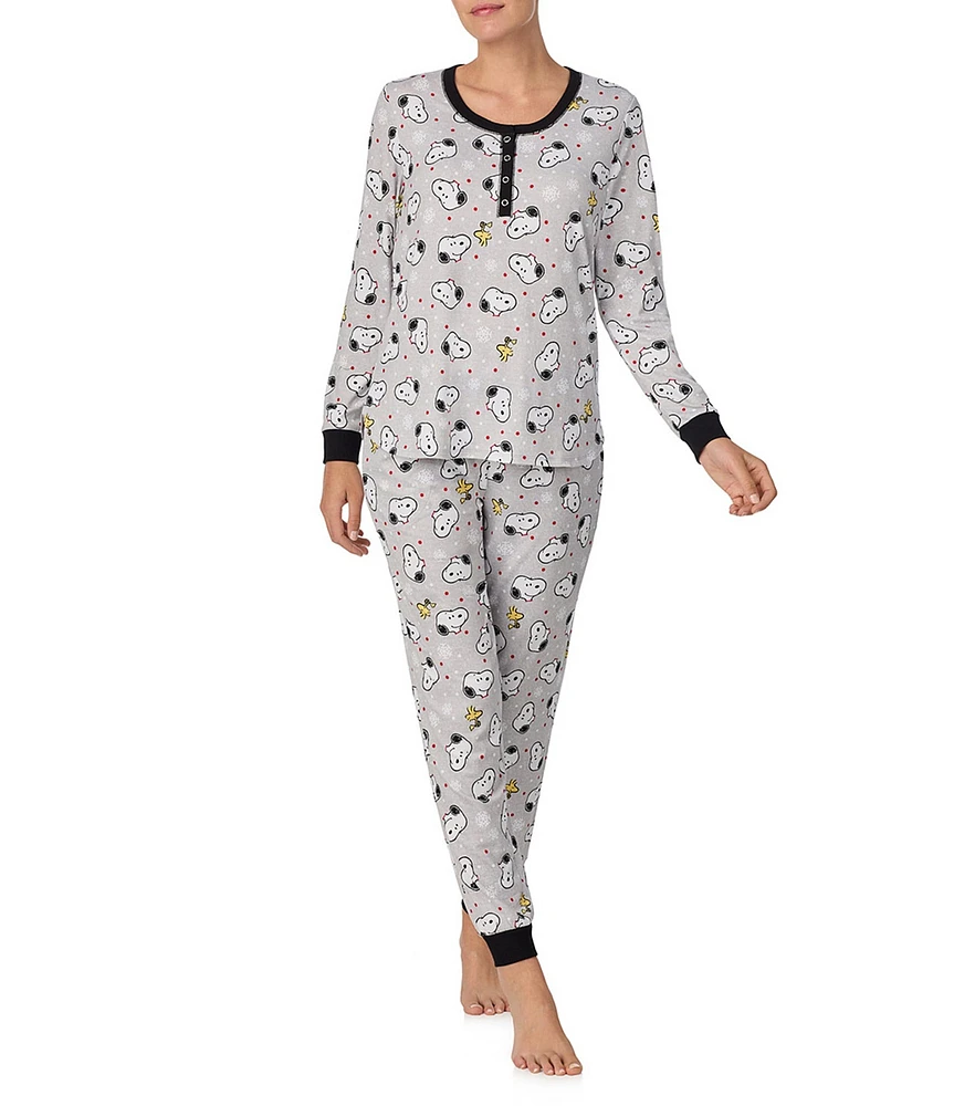 Peanuts Snoopy & Woodstock Print Long Sleeve Henley & Jogger Cozy Jersey Holiday Pajama Set