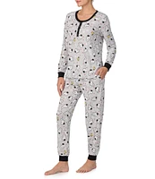 Peanuts Snoopy & Woodstock Print Long Sleeve Henley & Jogger Cozy Jersey Holiday Pajama Set