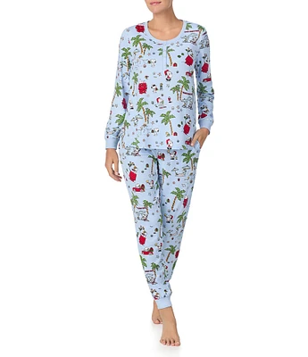 Peanuts Snoopy Beach Holiday Print Long Sleeve Henley & Jogger Cozy Jersey Holiday Pajama Set