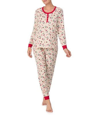 Peanuts Snoopy Candy Cane Print Long Sleeve Henley & Jogger Cozy Jersey Holiday Pajama Set