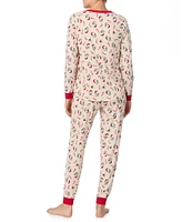 Peanuts Snoopy Candy Cane Print Long Sleeve Henley & Jogger Cozy Jersey Holiday Pajama Set