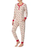 Peanuts Snoopy Candy Cane Print Long Sleeve Henley & Jogger Cozy Jersey Holiday Pajama Set