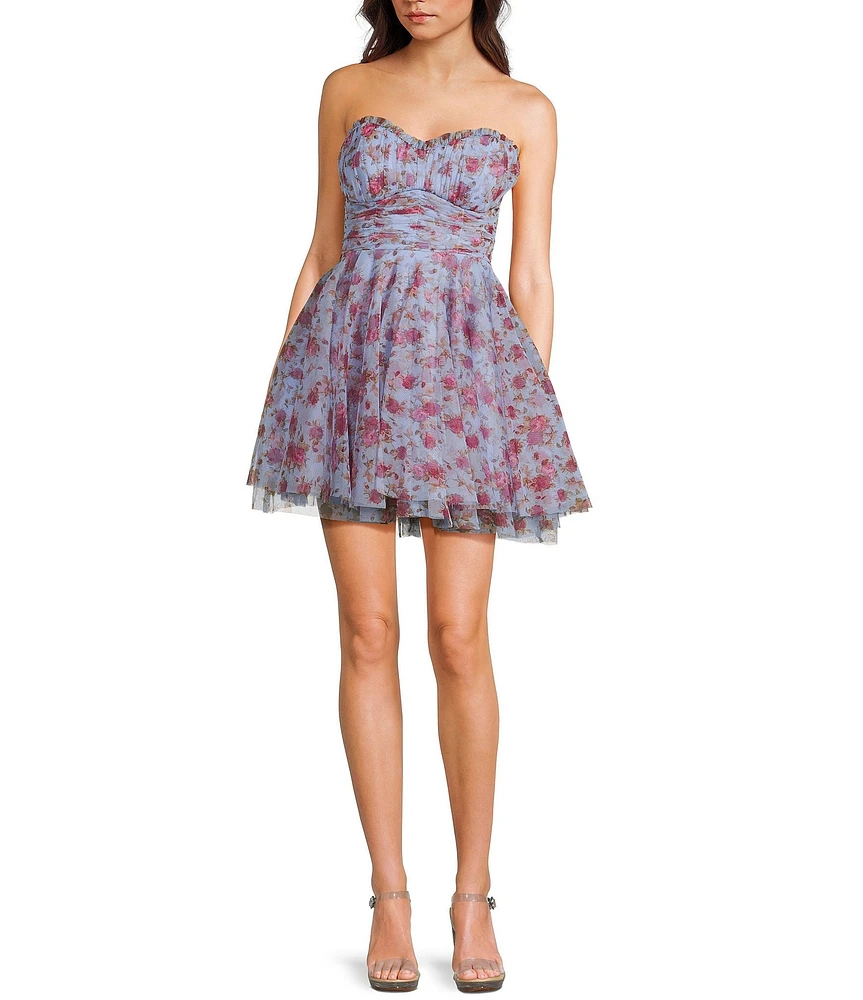 Pear Culture Floral Printed Mesh Strapless Corset Fit & Flare Dress