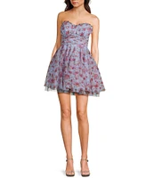Pear Culture Floral Printed Mesh Strapless Corset Fit & Flare Dress