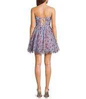 Pear Culture Floral Printed Mesh Strapless Corset Fit & Flare Dress
