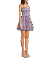 Pear Culture Floral Printed Mesh Strapless Corset Fit & Flare Dress