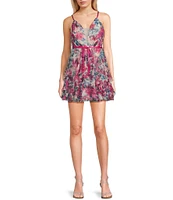 Pear Culture Floral Printed Mesh V-Neck Sleeveless Dress