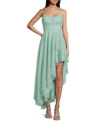 Pear Culture Glitter Mesh Scoop Neck Asymmetrical High Low Hem Dress