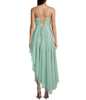Pear Culture Glitter Mesh Scoop Neck Asymmetrical High Low Hem Dress