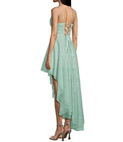 Pear Culture Glitter Mesh Scoop Neck Asymmetrical High Low Hem Dress