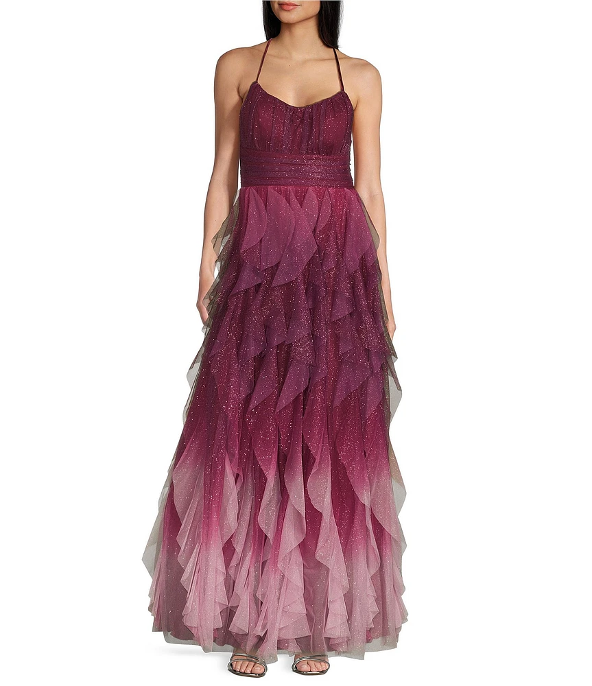 Pear Culture Glitter Ombre Corkscrew Tulle Long Dress