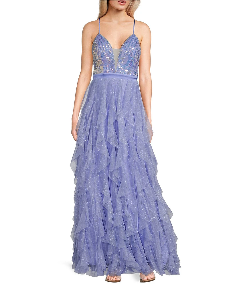Pear Culture Glitter Sequin V-Neck Mesh Corkscrew Ball Gown