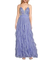 Pear Culture Glitter Sequin V-Neck Mesh Corkscrew Ball Gown