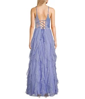Pear Culture Glitter Sequin V-Neck Mesh Corkscrew Ball Gown