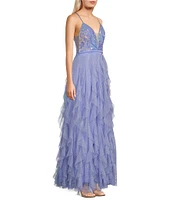 Pear Culture Glitter Sequin V-Neck Mesh Corkscrew Ball Gown