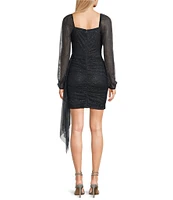 Pear Culture Long Sleeve Square Neck Glitter Power Mesh Sash Dress