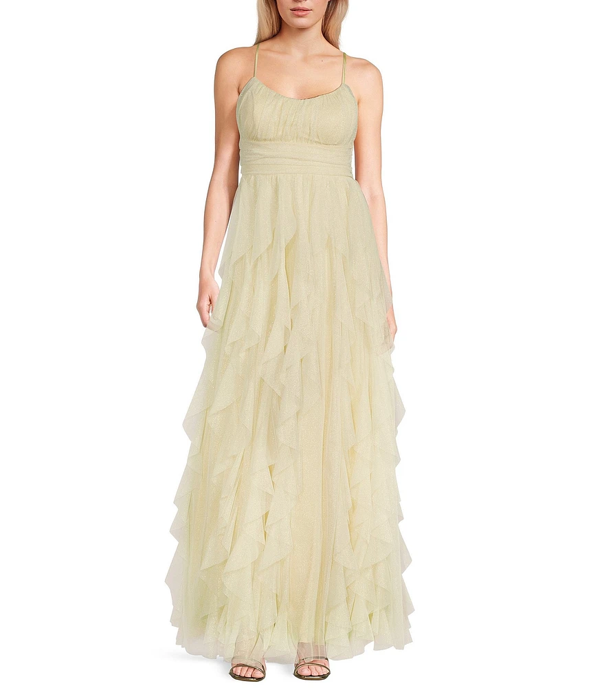 Pear Culture Mesh Foil Spaghetti Strap Scoop Neck Emma Bodice Tie Back Corkscrew Dress