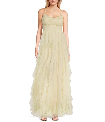 Pear Culture Mesh Foil Spaghetti Strap Scoop Neck Emma Bodice Tie Back Corkscrew Dress