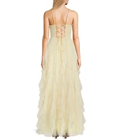 Pear Culture Mesh Foil Spaghetti Strap Scoop Neck Emma Bodice Tie Back Corkscrew Dress