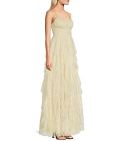 Pear Culture Mesh Foil Spaghetti Strap Scoop Neck Emma Bodice Tie Back Corkscrew Dress
