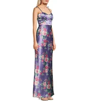 Pear Culture Reversible Printed Floral Satin to Solid Sweetheart Neck Spaghetti Straps Dress