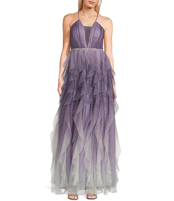 Pear Culture Sleeveless V-Neckline Plunge Glitter Ombre Dress