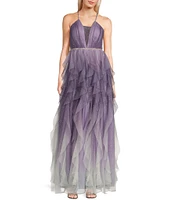 Pear Culture Sleeveless V-Neckline Plunge Glitter Ombre Dress