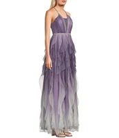 Pear Culture Sleeveless V-Neckline Plunge Glitter Ombre Dress