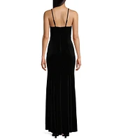 Pear Culture Spaghetti Strap Embellished Side Slit Velvet Long Dress