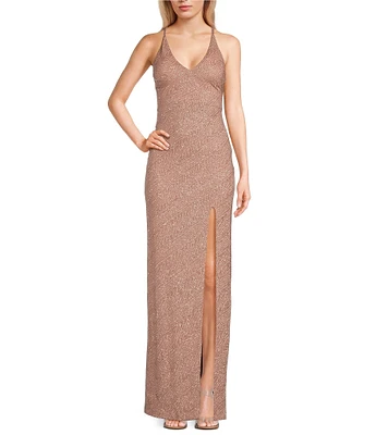 Pear Culture Spaghetti Strap V-Neck Glitter Dress