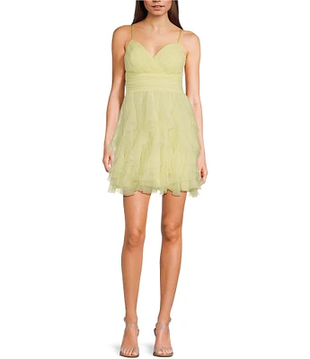 Pear Culture V-Neck Lace-Up Back Mesh Ruffle Dress