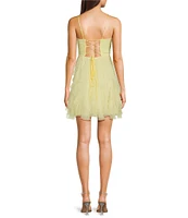 Pear Culture V-Neck Lace-Up Back Mesh Ruffle Dress