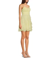 Pear Culture V-Neck Lace-Up Back Mesh Ruffle Dress