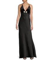 Pear Culture Velvet Satin V-Neck Spaghetti Strap Rhinestone Bow Dress