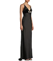 Pear Culture Velvet Satin V-Neck Spaghetti Strap Rhinestone Bow Dress