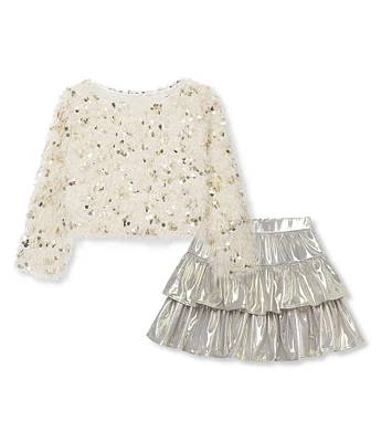 Peek Little Girls 2T-10 Long-Sleeve Sequin-Embellished Fuzzy Sweater & Metallic Skirt Set